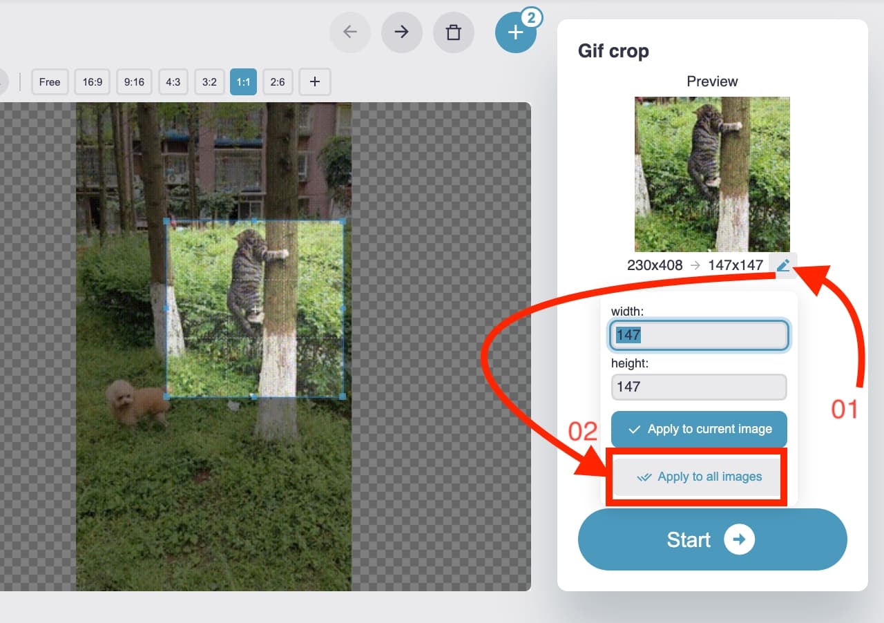 After setting the cropping width and height, apply it to all gifs to set the same cropping area size for all gifs